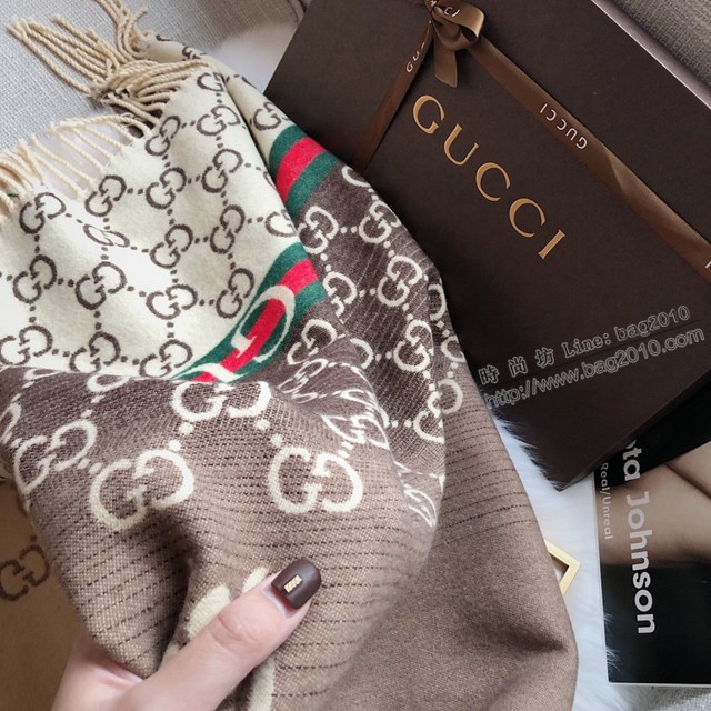 Gucci經典羊絨混紡長巾 古馳時尚披肩 古琦雙面提花長須圍巾  mmj1644